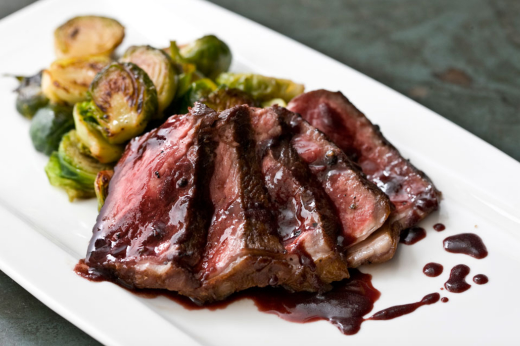 Grilled New York Strip with Caramelized Brussels Sprouts.